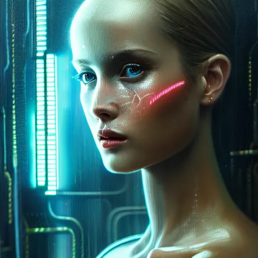 Image similar to ultra realist intricate detailed painting of a female upclose in a room full of cryo pods, blade runner, sci - fi, very intricate details, 8 k resolution, volumetric lighting, artstyle hiraku tanaka, award winning