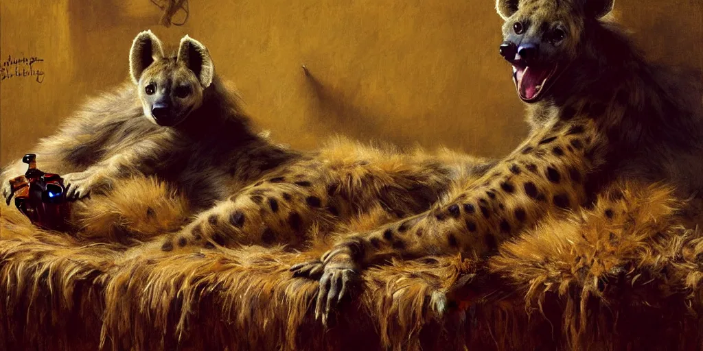 Image similar to an exhausted hyena girl in her studio with a bottle of whisky, fluffy, furry pelt, furry body. highly detailed painting by gaston bussiere, craig mullins, j. c. leyendecker 8 k