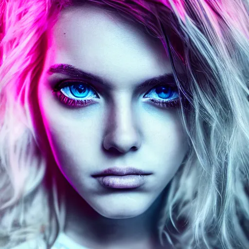 Image similar to A gorgeous blonde, grungy, neon eyes, modelsociety, perfect face, intricate, Sony a7R IV, symmetric balance, polarizing filter, Photolab, Lightroom, 4K, Dolby Vision, Photography Award