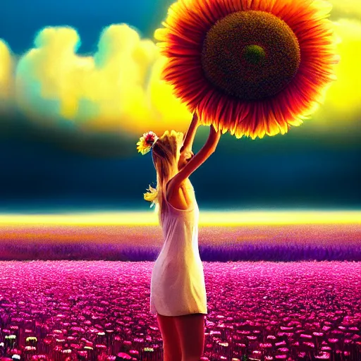 Image similar to giant daisy flower in front of head, full body girl dancing in a flower field, surreal photography, sunrise, dramatic light, impressionist painting, colorful clouds, digital painting, artstation, simon stalenhag