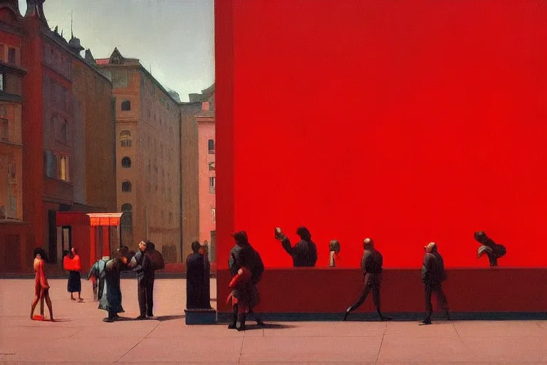 Image similar to only with red, crowd delirious at the sight of a painting, in a city square, in the style of beksinski, parts by edward hopper, parts by rodcenko, parts by yue minjun, intricate and epic composition, red by caravaggio, insanely quality, highly detailed, masterpiece, red light, artstation, 4 k