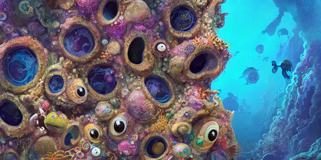 Image similar to of an intricate sea reef with strange cute friendly happy creatures with huge eyes, mouth, long tongue, round teeth and goofy face, appearing from the background, in the style of gehry and gaudi, macro lens, shallow depth of field, ultra detailed, digital painting, trending artstation, concept art, illustration, cinematic lighting, photorealism, epic, octane render