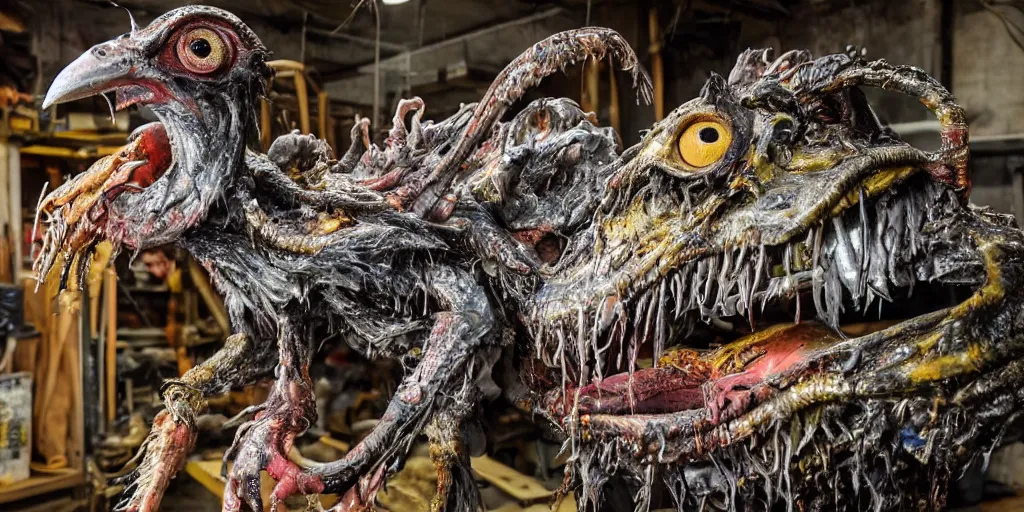 Image similar to photo taken of an epic intricate, ultra detailed, super realistic gritty, hero prop, exquisitely painted animatronic movie prop of a wet slimy grotesque nightmarish hellish avian creature displayed in the workshop, created by weta workshop, full body shot, photorealistic, sharp focus