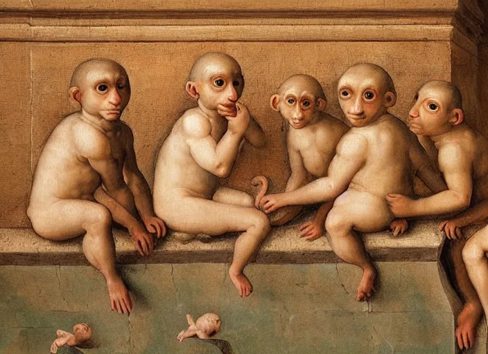 Image similar to detailed renaissance style painting of 3 monkeys enjoying the roman baths, soft edges, oil painting