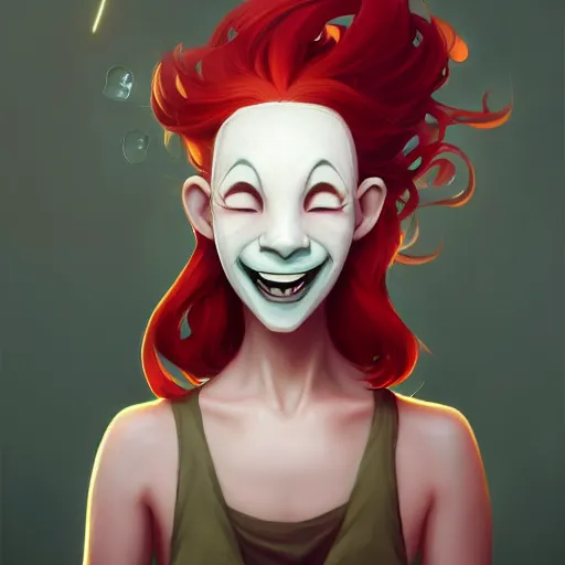 Prompt: a portrait of the happy mask salesman, grinning, red hair, art by lois van baarle and loish and ross tran and rossdraws and sam yang and samdoesarts and wlop, digital art, highly detailed, intricate, sharp focus, trending on artstation hq, deviantart, unreal engine 5, 4 k uhd image