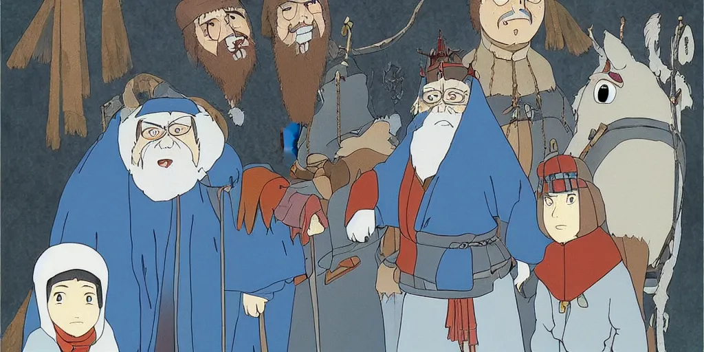 Image similar to Ivan the Terrible and his son anime characters, Ghibli style, Hayao Miyazaki, Kazua Oga