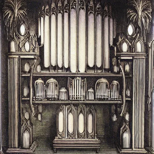 Image similar to pipe organ music album art by alan lee and albrecht durer