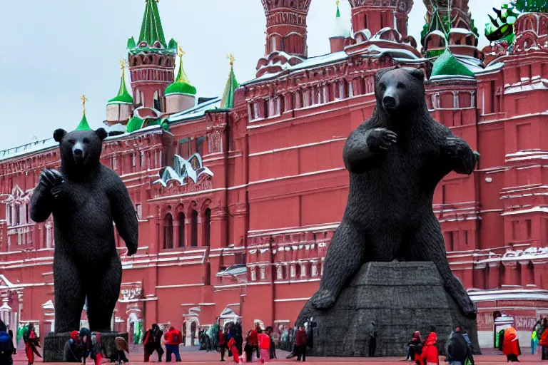 Prompt: a gigantic statue of bear holding vodka in the middle of the red square, excited russians, symmetry, awesome exposition, very detailed, highly accurate, 8 k