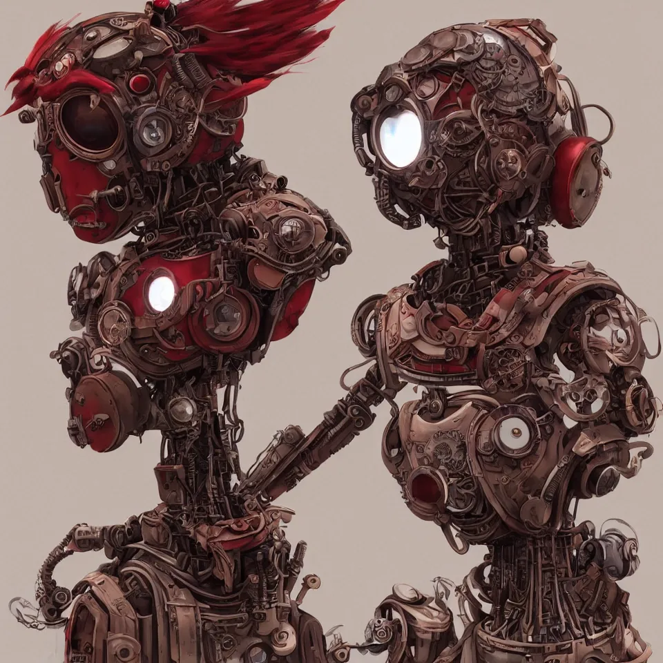 Image similar to a detailed concept art steampunk of a bust robot bird, gradient dark red, cream and white color scheme, dynamic lighting, cinematic, epic composition, masterpiece