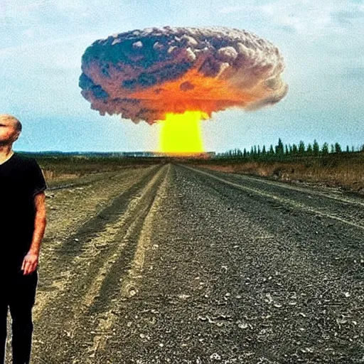 Image similar to radiation eats a ukrainian alive a selfie a second before death, against the backdrop of a huge nuclear explosion from which the skin has already burned to the bone