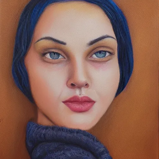 Prompt: beautiful woman with short blue hair, big brown eyes, wearing a brown sweater, oil painting