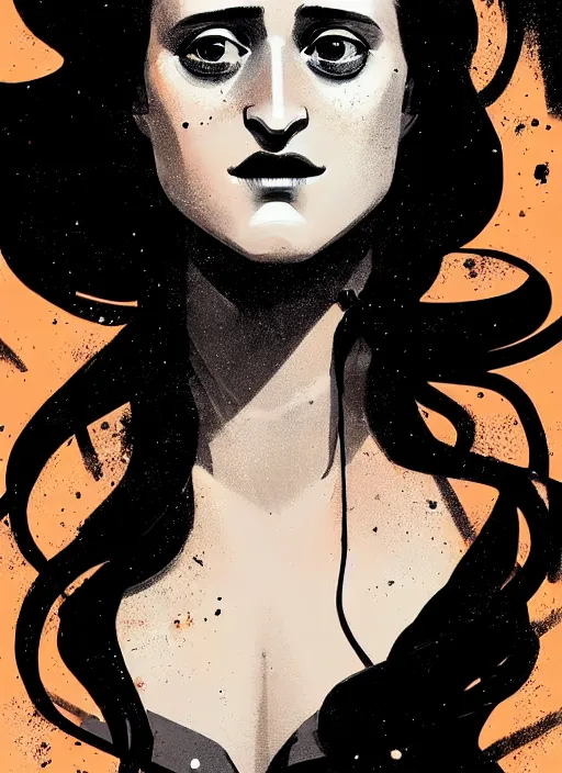 Image similar to highly detailed closeup portrait of beautiful grace gummer as dom dipierro, wavy ginger hair, black dress, by atey ghailan, by greg rutkowski, by greg tocchini, by james gilleard, by joe fenton, by kaethe butcher, gradient orange, black and white color scheme, grunge aesthetic!!! ( ( graffiti tag wall background ) )