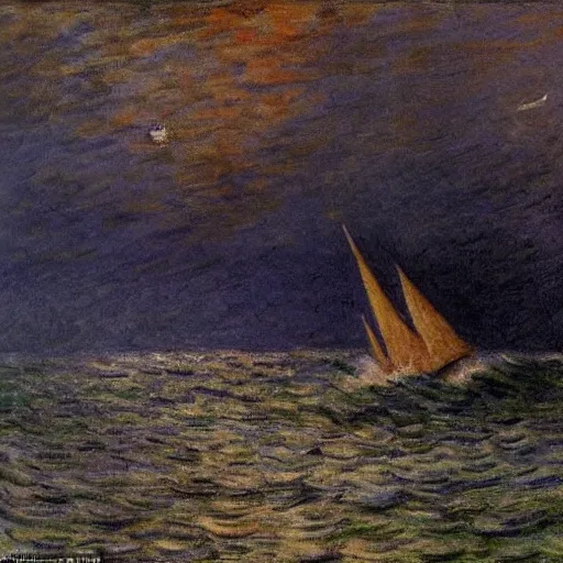 Prompt: large ship being tossed about in a fierce storm in the sea, dark, low light, terrifying, beautiful, monet painting