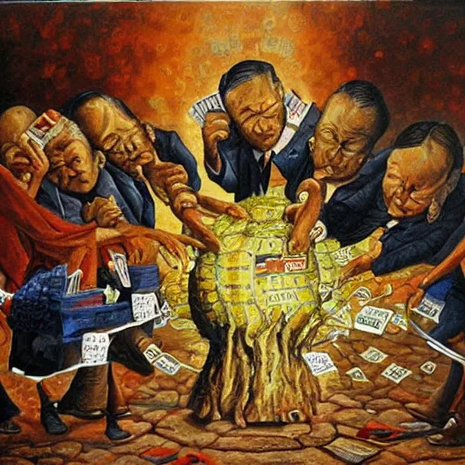 Image similar to symbolic painting of capitalism placing billions into poverty