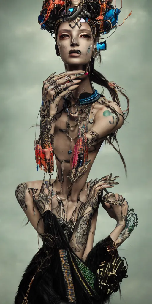 Image similar to hyperrealistic futuristic high fashion photography, girl in studio, full body, vogue magazine, nomad masterpiece, nano parts, neon lights, smoke, eerie music, beautiful intricate face and flawless skin, tribal jewelry, tattoos, perfect hands, head piece, by Edgar Maxence and Ross Tran and Michael Whelan, 8k, octane render