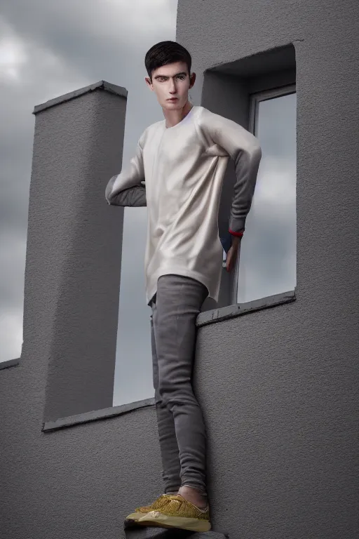 Image similar to un ultra high definition studio quality photographic art portrait of a young man standing on the rooftop of a british apartment building wearing soft padded silver pearlescent clothing. three point light. extremely detailed. golden ratio, ray tracing, volumetric light, shallow depth of field. set dressed.