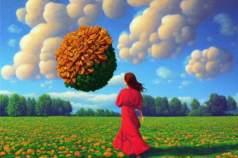 Image similar to giant flower head, woman walking, surreal, clouds in sky, impressionist painting, digital painting, artstation, rob gonsalves