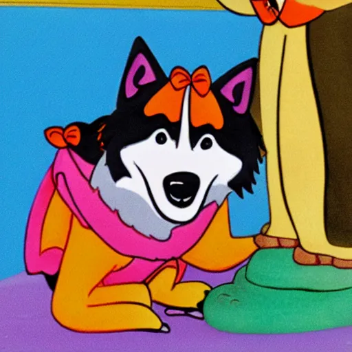 Prompt: cartoon of a husky dog with Lulu from the little Lulu show 1990s