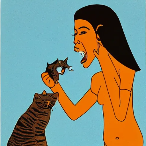 Prompt: egptian heiroglyphics depicting a woman screaming at a cat, high quality photograph, kodachrome film, 1 9 8 9