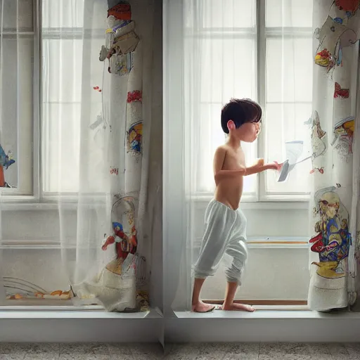 Image similar to young boy wearing white fabric pajama with cartoon paintings on it infront of the window in his room and staring outside. highly detailed, digital photo, smooth and sharp focus, cg by tian zi and wlop and alphonse mucha