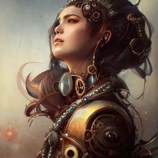 Prompt: a beautiful portrait of a steampunk goddess, a detailed painting by greg rutkowski and raymond swanland, featured on cgsociety, fantasy art, detailed painting, artstation hd, photorealistic