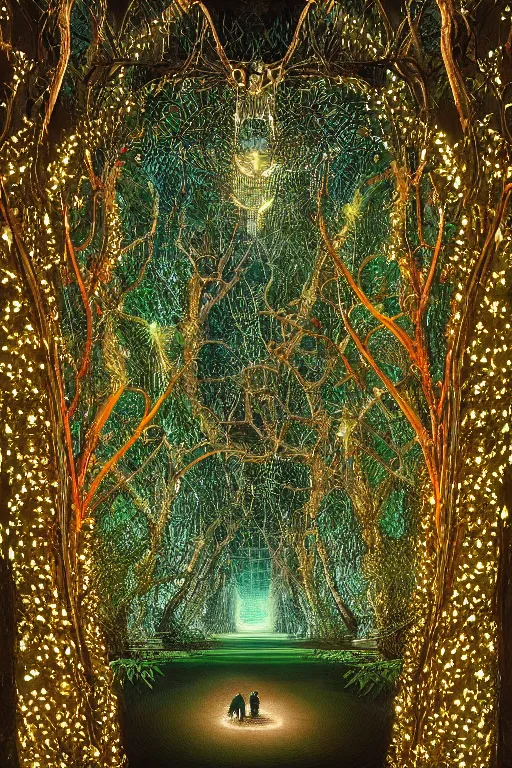 Prompt: extremely detailed complex intricate hyperdetailed tapestry of cybernetic biomech sacred fig tree roots in an industrial overgrown lush maze of webbed LED lights, by Clyde Caldwell, beautiful colors 8k hyperdetailed matte painting, raytracing, artstation, magic hour