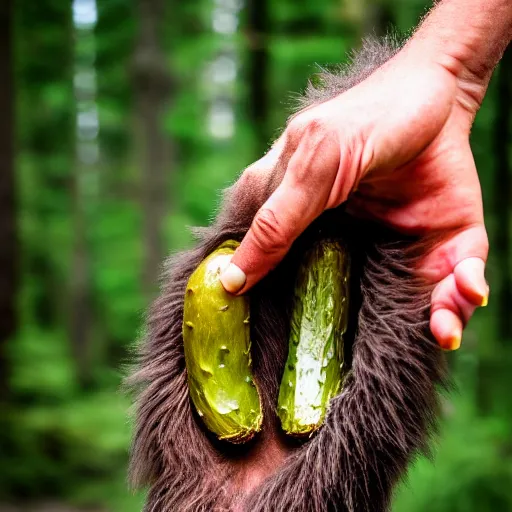 Image similar to bigfoot holding a pickle in his hand, color photograph, nature photograph, national geographic, 4 k.