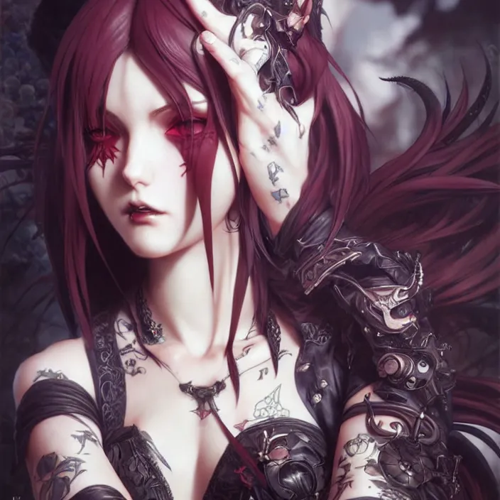 Image similar to anime female, fangs, goth, tattoos, leather, fantasy, intricate details, eerie, highly detailed, octane render, 8 k, art by artgerm and alphonse mucha and greg rutkowski