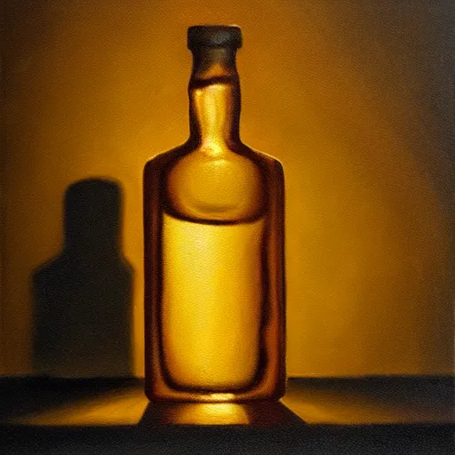 Prompt: oil painting by frans mortelmans, whiskey bottle in cinematic light, shadows, dramatic and very very very very beautiful masterpiece, light reflection, light refraction, transparent glass vase, optical caustics