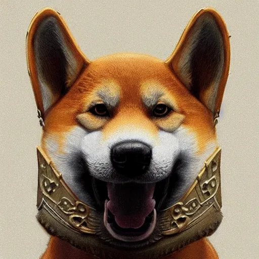 Image similar to detailed photorealistic painting of dog shiba inu wearing a highly detailed ornamented bronze „viking helmet with two horns“, sharp focus in the style of ruan jia, Mandy jurgens, cinematic light, concept art, trending on artstation, ultra realistic
