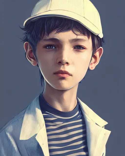 Image similar to a young boy wearing a horizontal striped shirt, smooth, intricate, elegant, digital painting, artstation, concept art, sharp focus, octane render, illustration, art by ayami kojima, apex legends character,