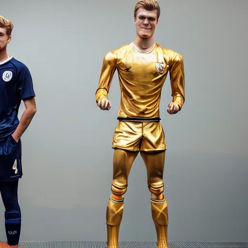 Prompt: a realistic detailed photo of a guy who is an attractive humanoid who is half robot and half humanoid, who is a male android, soccer players martin ødegaard & timo werner, shiny skin, posing like a statue, blank stare, in a museum, on display, showing off his muscles, gold soccer shorts, no jersey, collection of them, statue