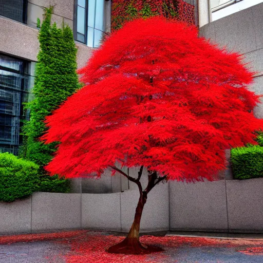 Image similar to a single red japanese maple in a dystopian city