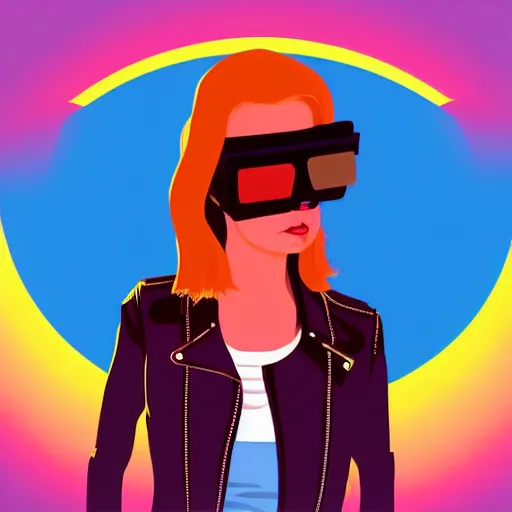 Image similar to a woman with light blue shutter shades in front of a sunset, a dark brown leather jacket, one side brown haircut with blue tips on the end, vector art by jan tengnagel, pixabay contest winner, retrofuturism, retrowave, synthwave, outrun, portrait, synthwave