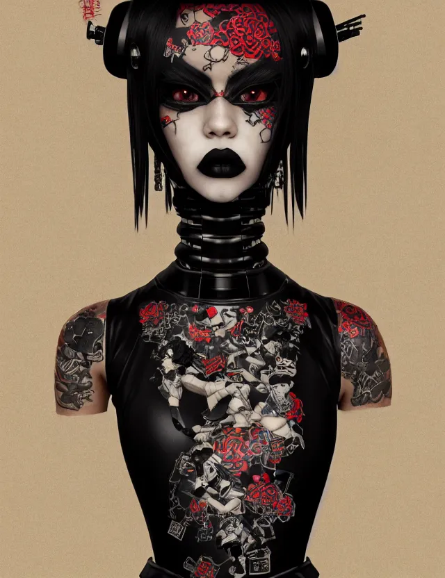 Image similar to full body portrait of a gothic style punk geisha robot with kanji tattoos and decals wearing a digital pixelated kimono, intricate design, photo - realistic, octane render, dark colour palette, ultra fine detailed, character design, trending on artstation