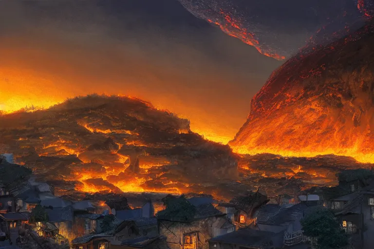 Prompt: beautiful town sits on a crumbling cliff, under marmalade sunsets while lava bubbles below, digital painting, illustrated by max hay, photorealistic, comprehensive art, trending on cgsociety, artstation hd, 4 k, 8 k