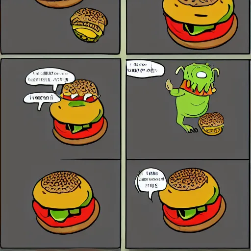 Image similar to lord of the rings scene with the scary cheeseburger and donut monster