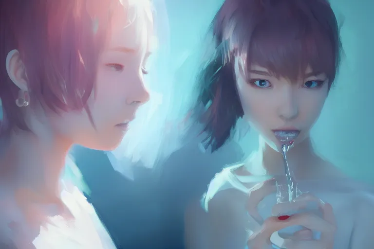 Prompt: a girl drinking water, digital art by wlop, greg ruthowski, ross tran, trending on artstation and deviantart, extremely high quality, amazing lighting