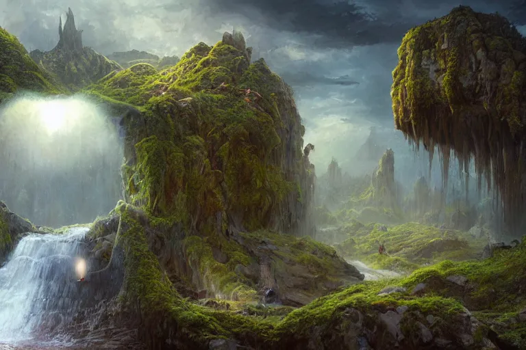 Image similar to amazing concept painting, by Jessica Rossier and HR giger and Beksinski, prophecy, hallucination, garden of eden, lush fruit orchard stream and rock garden, waterfalls, moss, fruit trees, wild animals, garden of earthly delights