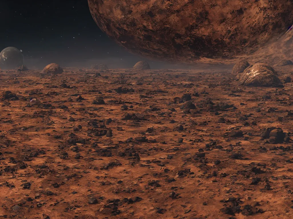 Image similar to an ultrawide angle photograph of a small dirty brown planet with continents floating in outer space, hyperrealistic, dull deep color, gritty, Cryengine 8k UHD