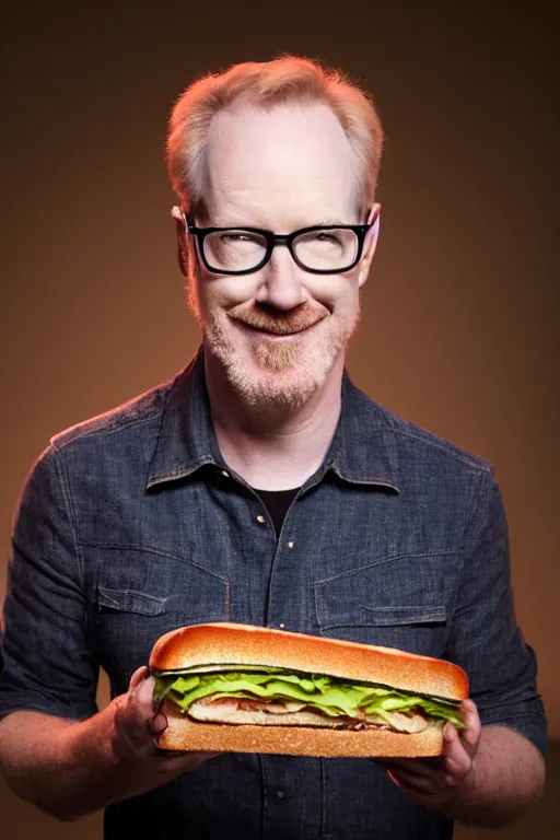 Image similar to 📷 portrait of adam savage the sandwich, food head, still image, dynamic lighting, 4 k