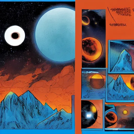 Image similar to orange and blue alien planet horizon with mountains and a solar eclipse, marvel comic book double page