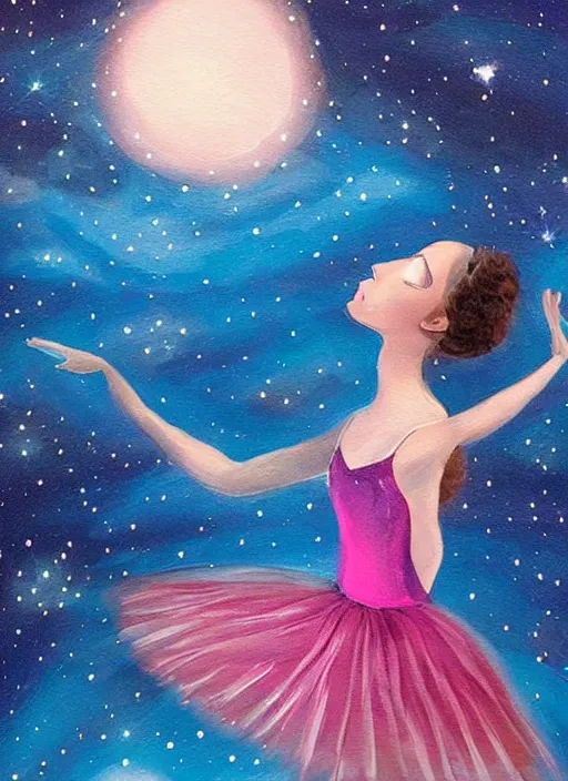 Image similar to ballerina in a dress looking at a starry sky, galaxy, beautiful, painting, highly detailed, soft light