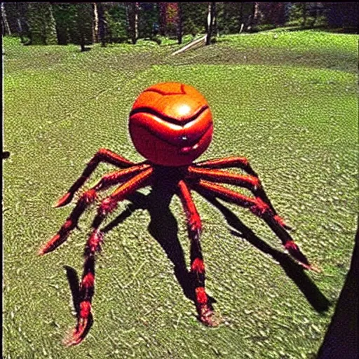 Image similar to trailcam footage of giant spider pennywise, night, creepy, grainy footage