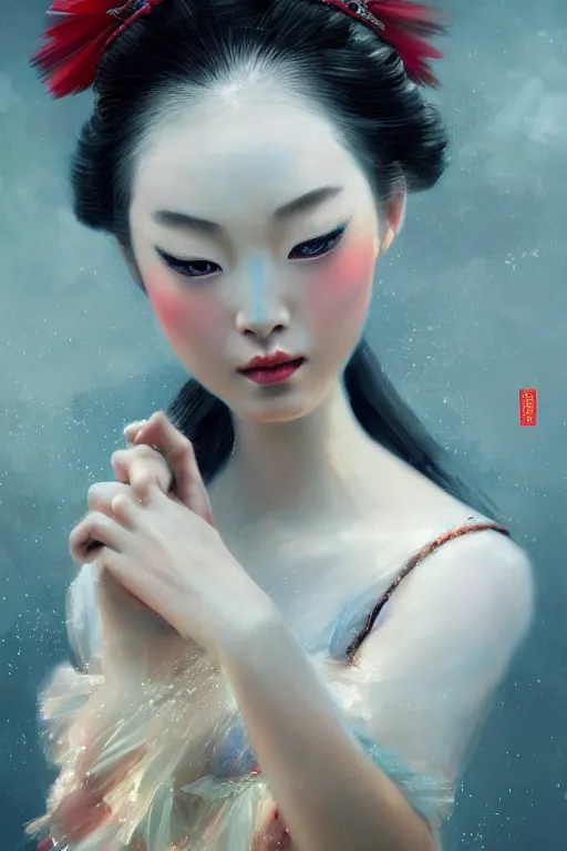 Image similar to geisha prima ballerina, gorgeous, ethereal, close - up portrait, intricate, elegant, volumetric lighting, scenery, digital painting, highly detailed, tutu, artstation, sharp focus, illustration, concept art, ruan jia, steve mccurry