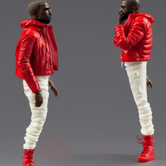 Image similar to a action figure of kanye west using full face - covering mask with small holes. a small, tight, undersized reflective bright red round puffer jacket made of nylon. a shirt underneath. red jeans pants made of nylon. a pair of red shoes, figurine, detailed product photo, 4 k, realistic, acton figure, studio lighting, professional photo