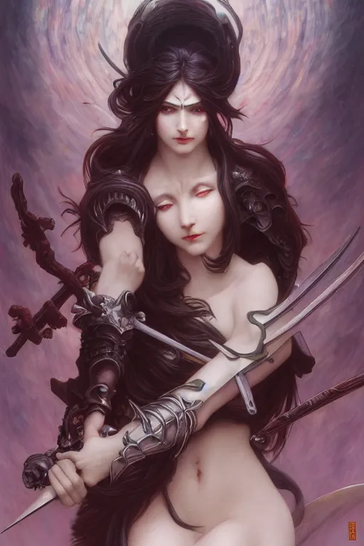 Prompt: beautiful pale anime Kali goddess of destruction multi arms with swords, dark fantasy, cinematic lighting, intricate, elegant, highly detailed, digital painting, artstation, smooth, sharp focus, illustration, art by artgerm and greg rutkowski and zdislav beksinski and alphonse mucha and Wayne Barlowe and william-adolphe bouguereau