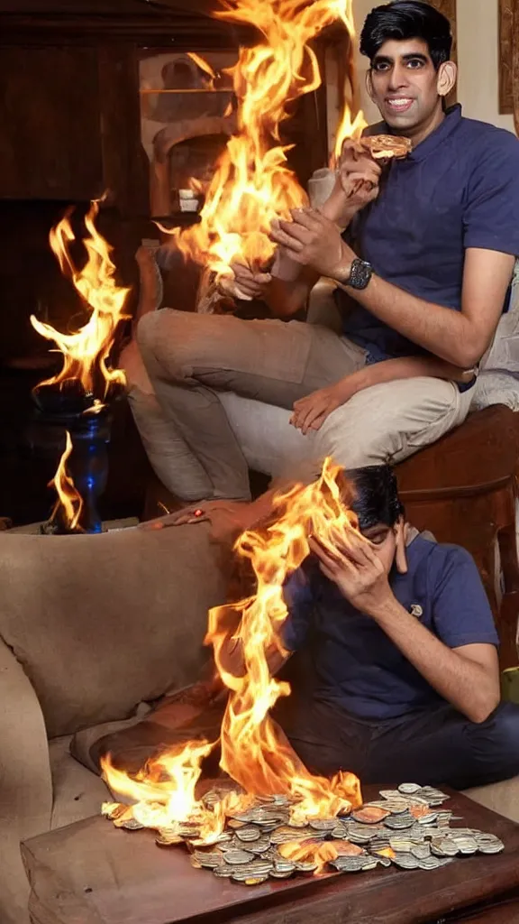 Image similar to rishi sunak burning money in his lavish house