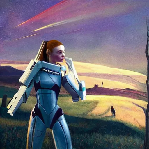 Prompt: Elle Fanning in the painted world of Mass Effect, head and shoulders masterpiece, apocalypse, golden hour, cosmic horror, artstation, in the style of Andrew Wyeth and Edward Hopper and Bosch, extremely detailed