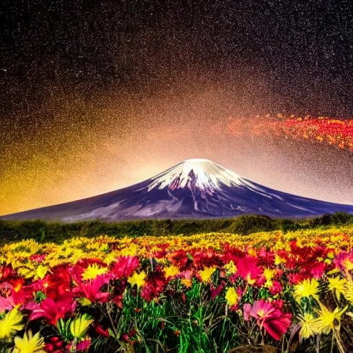 Image similar to photo of a volcano in eruption with a lot of flowers, bright shootings stars in the sky in the background, highly detailled, 4 k